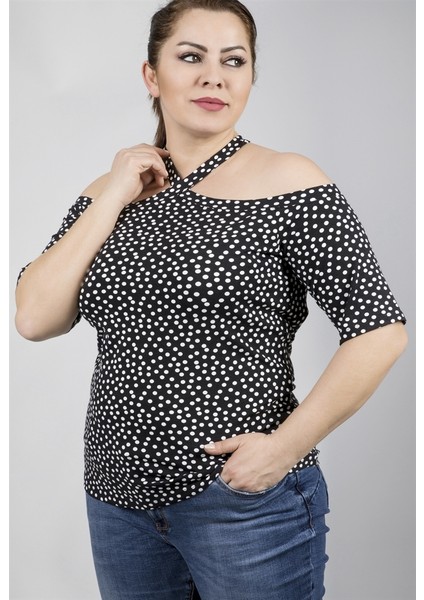 Boyundan Bağlı Puanti Desenli Örme Bluz 23652-m