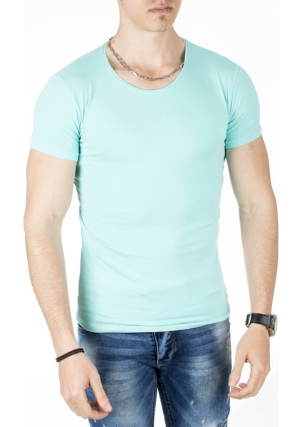 Su Yeşili Sıfır Yakalı Likralı Dar Kesim Basic Erkek Tshirt 1801131