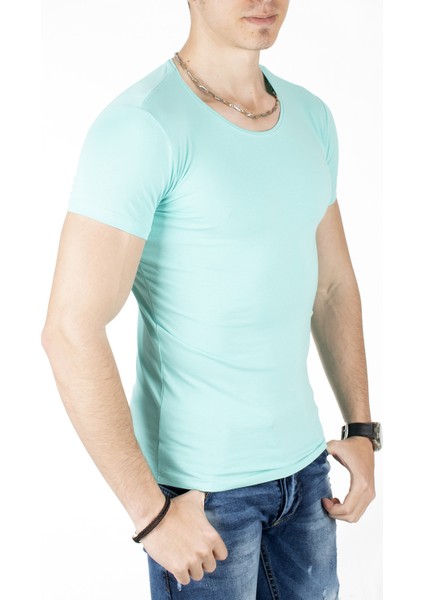 Su Yeşili Sıfır Yakalı Likralı Dar Kesim Basic Erkek Tshirt 1801131