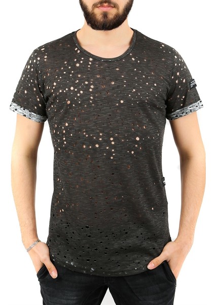 Lazer Kesim Yırtık Füme T-Shirt 2468