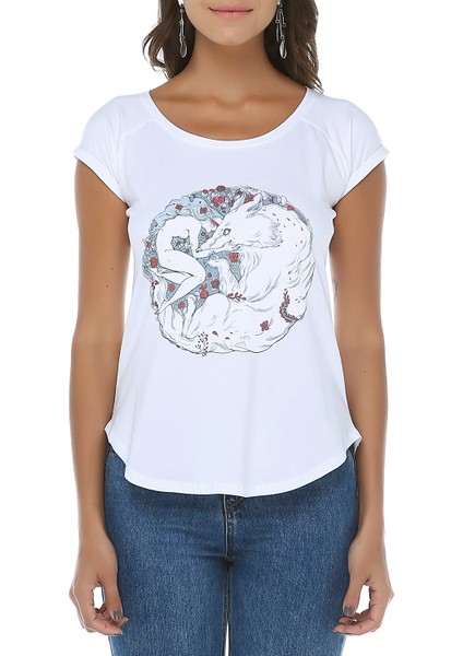 Woman And Wolf Geniş Bisiklet Yaka T-Shirt