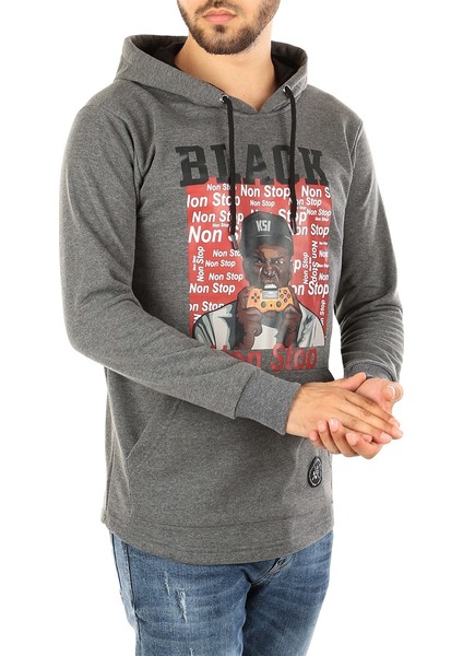 Kapüşonlu Baskılı Sweatshirt Füme 2779