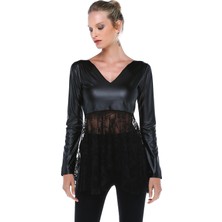 Quincey Kadın Dantel Detaylı Deri Bluz