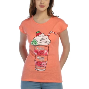 3021 - Turuncu Kadın Milkshake Desenli Baskılı Tshirt