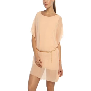 3044 - Pudra Tül Detaylı Bel Kemerli Kadın Elbise