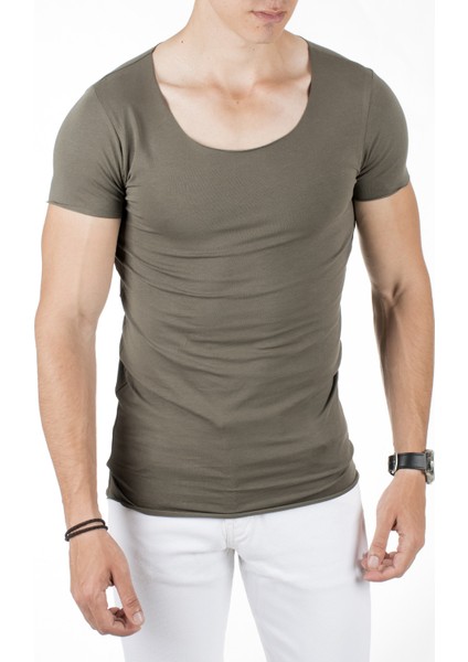 Haki Yakası Ve Kolları Kesik Likralı Geniş Yakalı Erkek Tshirt 1801199