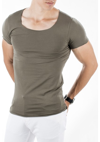 Haki Yakası Ve Kolları Kesik Likralı Geniş Yakalı Erkek Tshirt 1801199 modelleri