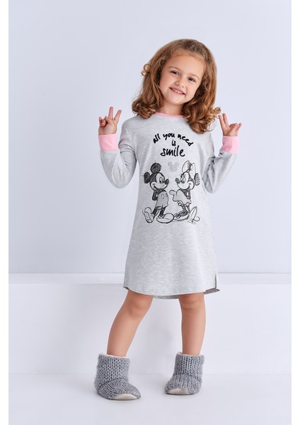 Mickey Mouse Lisanslı Genç Kız Gecelik Açık Gri