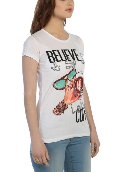 3019 - Beyaz Kadın Kahve Fincanı Desenli,Baskılı Tshirt fiyatları