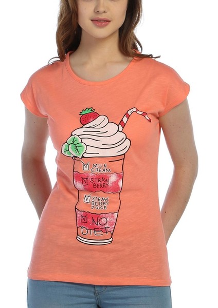 3021 - Turuncu Kadın Milkshake Desenli Baskılı Tshirt
