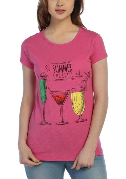 3023 - Pembe Kadın Summer Kokteyl Desenli Baskılı Tshirt