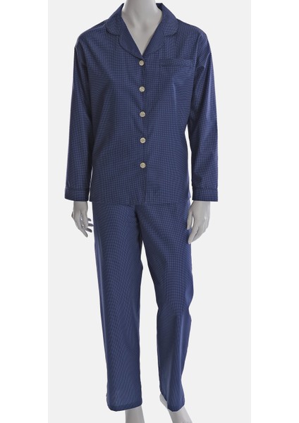 Mavi-Beyaz Puantiyeli Poplin Kadın Pijama Takımı