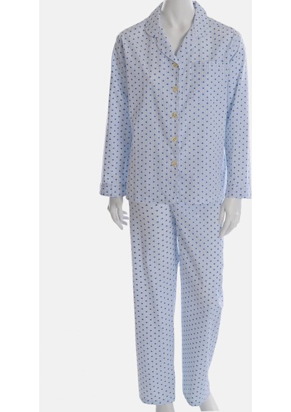 Beyaz-Mavi Desenli Poplin Kadın Pijama Takımı