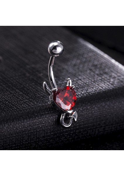 Kırmızı Kalp Taşlı Şeytan Çelik Göbek Piercing Dt70Kr