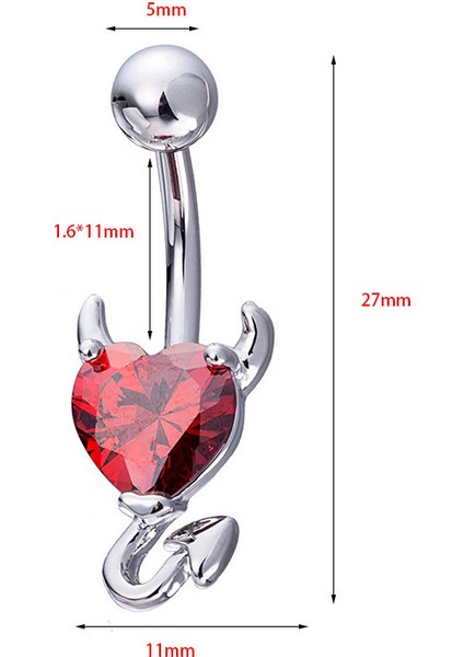 Kırmızı Kalp Taşlı Şeytan Çelik Göbek Piercing Dt70Kr