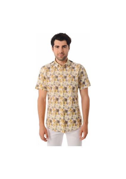 Erkek Baskılı Slim Fit SARI Gömlek