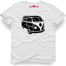 Tshirthane Volkswagen T1 Minibüs Beyaz Erkek T-Shirt Kısa Kol Grafik Desenli Bisiklet Yaka