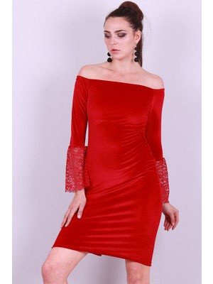 Modamoss Kolu Tül Kadife Elbise Bordo 206