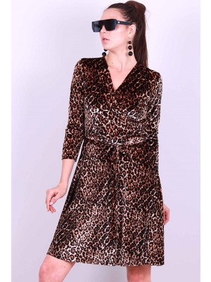 Modamoss Kruvaze Kadife Elbise Leopar 203