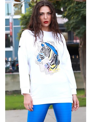 Modamoss Zebra Baskı Yarasa Kol Sweat Beyaz 0299