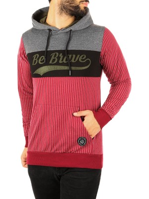 Madmext Kapşonlu Çizgili Sweatshirt Bordo 2815