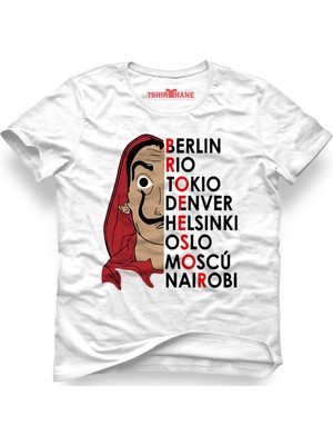 Tshirthane La Casa De Papel El Profesor Berlin Rio Tokio Beyaz Erkek T-Shirt