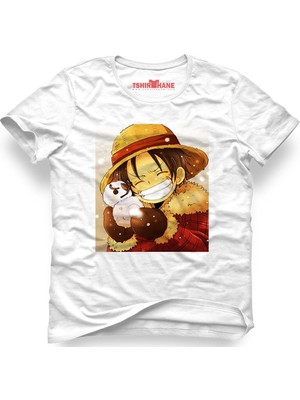 Tshirthane One Piece Monkey D. Luffy Manga Anime Beyaz Erkek T-Shirt