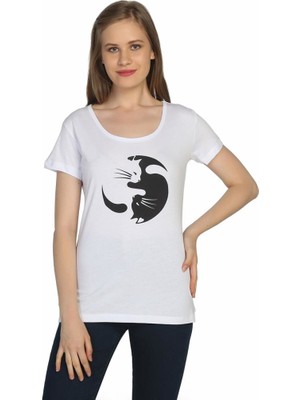 Bant Giyim Yin Yang Kedi Beyaz Kadın T-Shirt