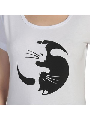 Bant Giyim Yin Yang Kedi Beyaz Kadın T-Shirt