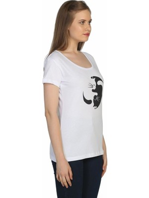 Bant Giyim Yin Yang Kedi Beyaz Kadın T-Shirt