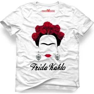 Frida Kahlo Kırmızı Güller Unisex Kalıp Beyaz Erkek T-Shirt