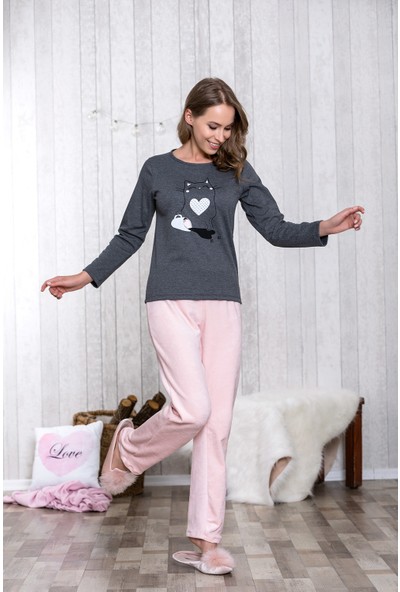 Lingabooms 1029 Kadın Pamuklu Pijama Kedili Üst Pantolon 2'li Takım