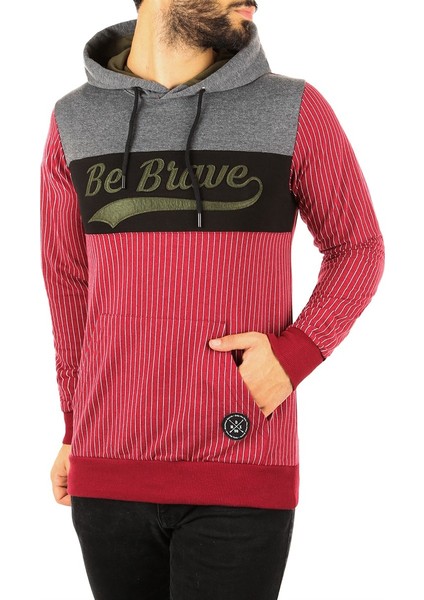 Kapşonlu Çizgili Sweatshirt Bordo 2815