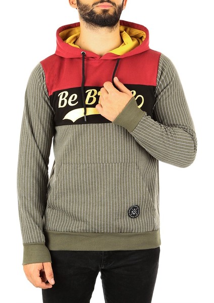 Kapşonlu Çizgili Sweatshirt Haki 2815