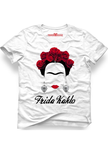 Frida Kahlo Kırmızı Güller Unisex Kalıp Beyaz Erkek T-Shirt