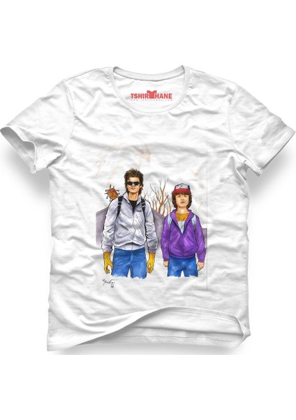 Stranger Things Steve Dustin Beyaz Erkek T-Shirt