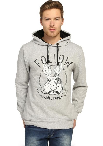 White Rabbit Gri Kapüşonlu Erkek Sweatshirt Hoodie