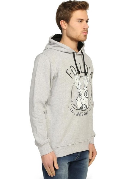 White Rabbit Gri Kapüşonlu Erkek Sweatshirt Hoodie