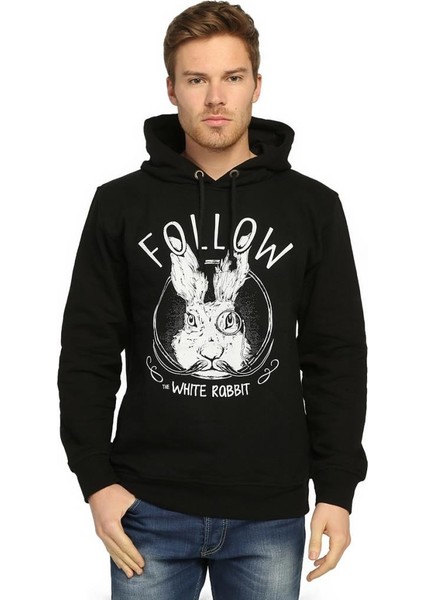 White Rabbit Siyah Kapüşonlu Erkek Sweatshirt