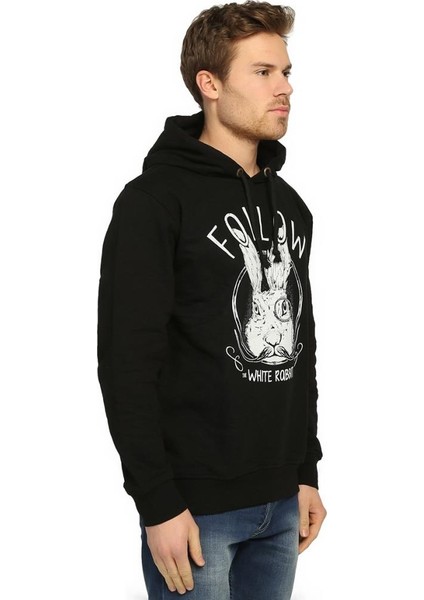 White Rabbit Siyah Kapüşonlu Erkek Sweatshirt