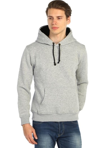 Gri Kışlık Kalın Kapüşonlu Erkek Sweatshirt Hoodie