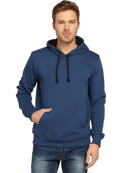 Mavi Kışlık Kalın Kapüşonlu Erkek Sweatshirt Hoodie