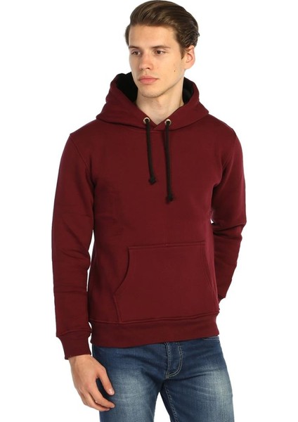 Bordo Kışlık Kalın Kapüşonlu Erkek Sweatshirt Hoodie