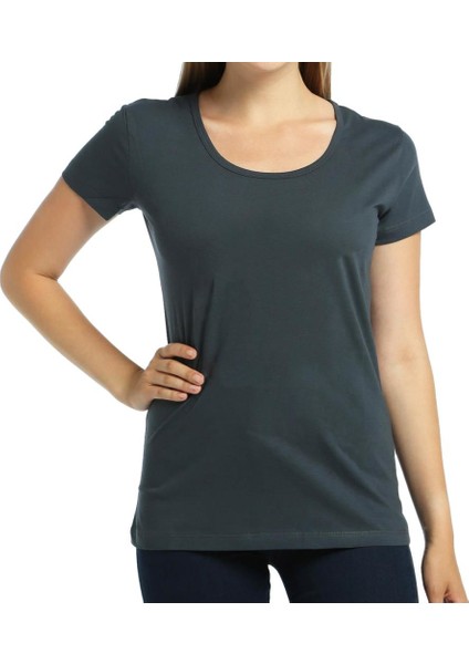 Açık Bisiklet Yaka Füme Kadın T-Shirt