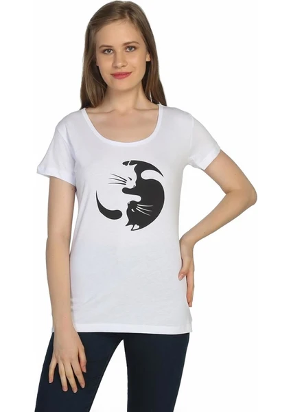 Bant Giyim Yin Yang Kedi Beyaz Kadın T-Shirt