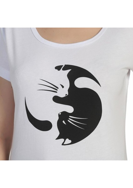 Yin Yang Kedi Beyaz Kadın T-Shirt