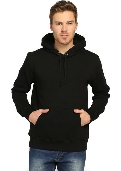 Siyah Kışlık Kalın Kapüşonlu Erkek Sweatshirt Hoodie
