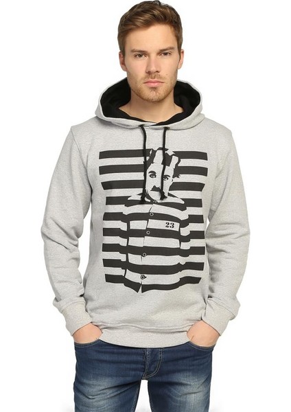 Charlie Chaplin Gri Kapüşonlu Erkek Sweatshirt Hoodie