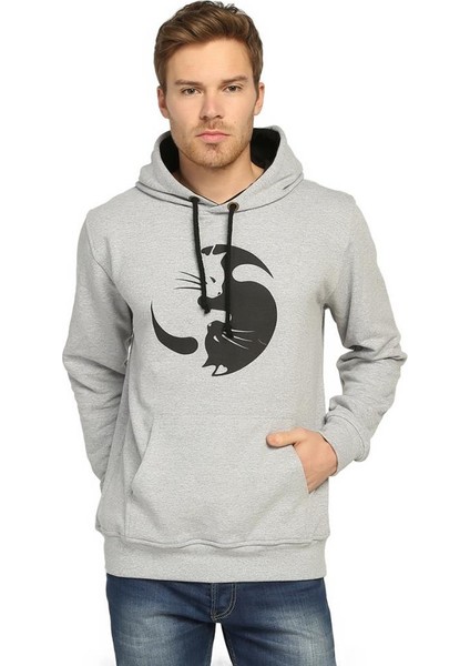 Yin Yang Kedi Gri Kapüşonlu Erkek Sweatshirt Hoodie