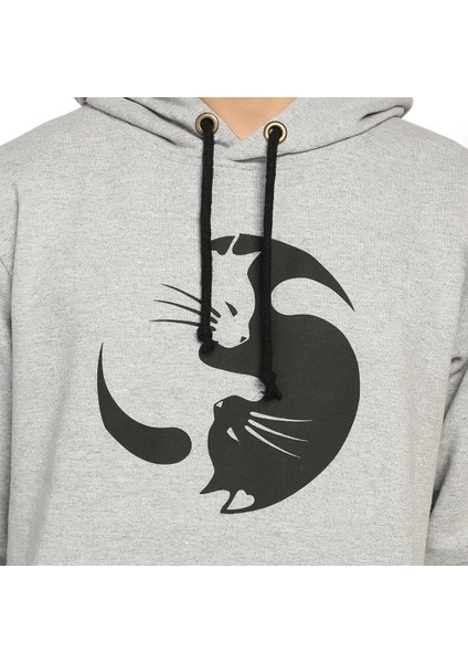 Yin Yang Kedi Gri Kapüşonlu Erkek Sweatshirt Hoodie